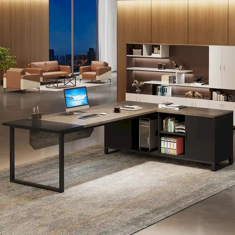 Grand bureau d'ordinateur en L de 70,9 pouces, bureau de direction avec caisson de rangement, pour bureau à domicile