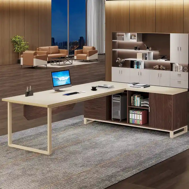 Grand bureau d'ordinateur en L de 70,9 pouces, bureau de direction avec caisson de rangement, pour bureau à domicile