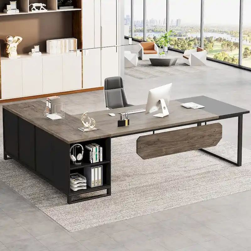 Grand bureau d'ordinateur en L de 70,9 pouces, bureau de direction avec caisson de rangement, pour bureau à domicile