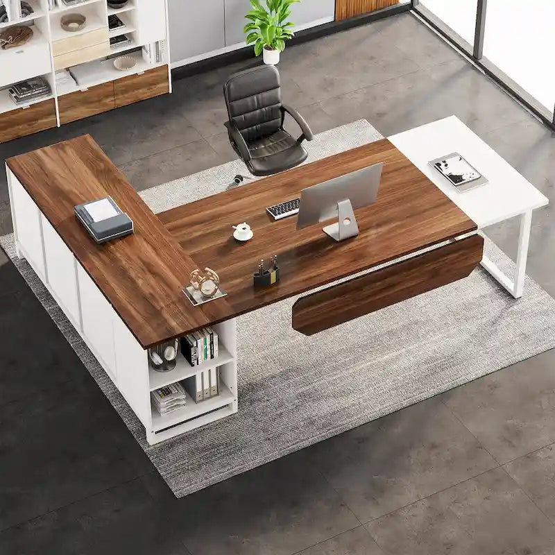 Grand bureau d'ordinateur en L de 70,9 pouces, bureau de direction avec caisson de rangement, pour bureau à domicile