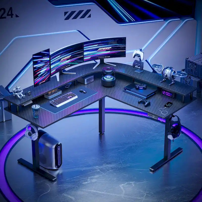 Bureau de jeu en forme de L de 63 po avec hauteur réglable, support de moniteur ergonomique, bureau d'angle
