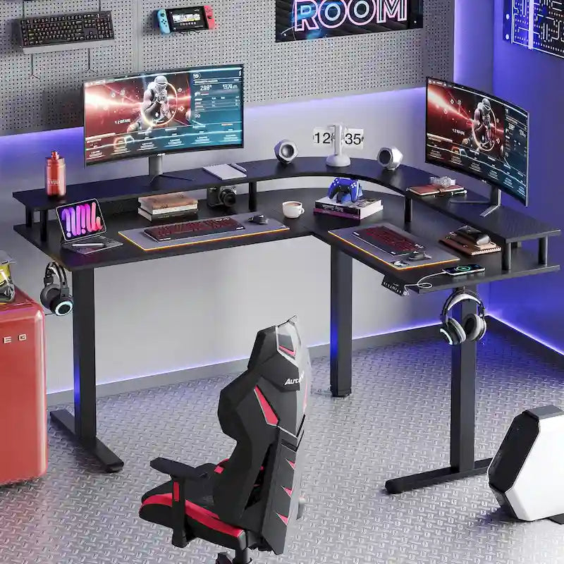 Bureau de jeu en forme de L de 63 po avec hauteur réglable, support de moniteur ergonomique, bureau d'angle