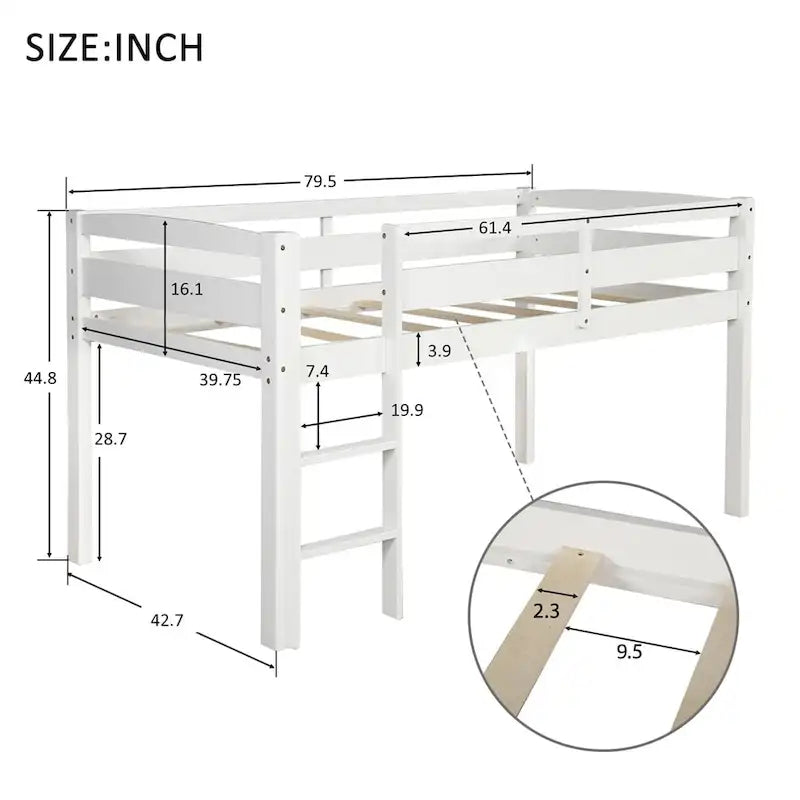 Lit mezzanine bas en bois jumeau avec échelle pour enfants