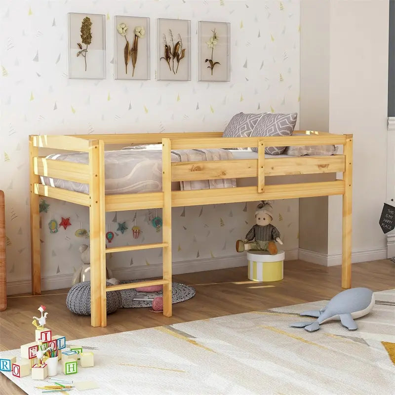 Lit mezzanine bas en bois jumeau avec échelle pour enfants