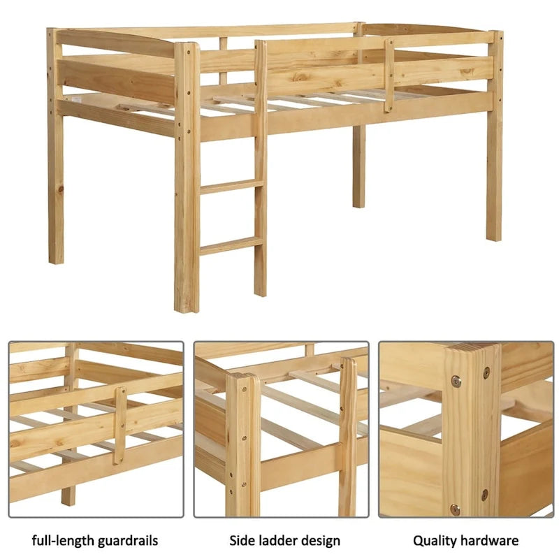 Lit mezzanine bas en bois jumeau avec échelle pour enfants