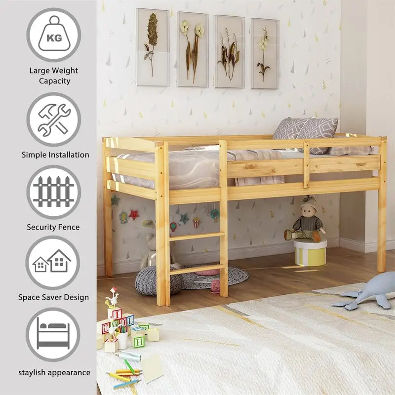 Lit mezzanine bas en bois jumeau avec échelle pour enfants