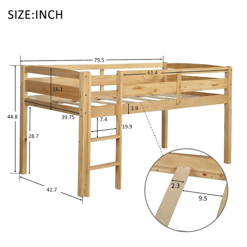 Lit mezzanine bas en bois jumeau avec échelle pour enfants