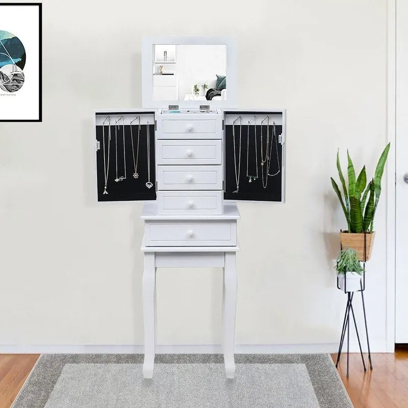 Armoire à Bijoux sur Pied avec Miroir, 5 Tiroirs, 8 Crochets pour Colliers et 2 Portes Battantes Latérales (Blanc)
