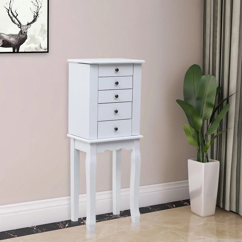 Armoire à Bijoux sur Pied avec Miroir, 5 Tiroirs, 8 Crochets pour Colliers et 2 Portes Battantes Latérales (Blanc)