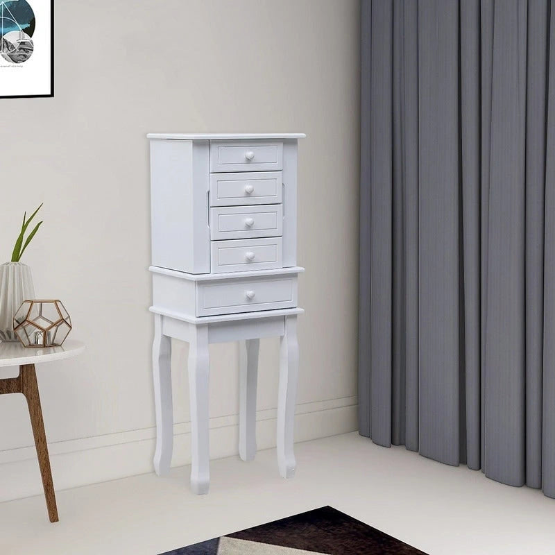 Armoire à Bijoux sur Pied avec Miroir, 5 Tiroirs, 8 Crochets pour Colliers et 2 Portes Battantes Latérales (Blanc)