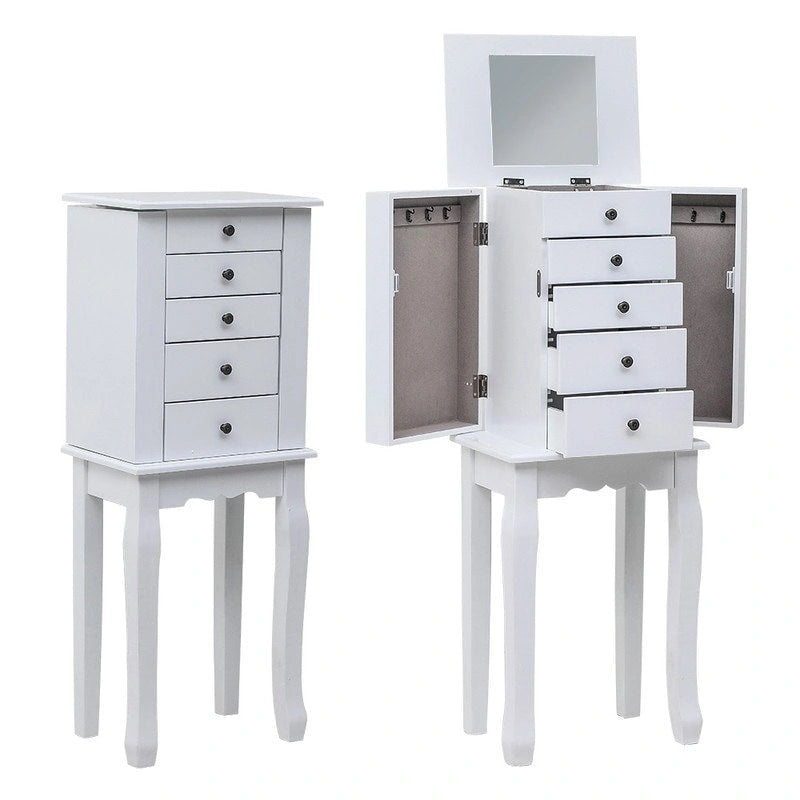 Armoire à Bijoux sur Pied avec Miroir, 5 Tiroirs, 8 Crochets pour Colliers et 2 Portes Battantes Latérales (Blanc)