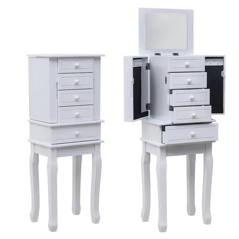 Armoire à Bijoux sur Pied avec Miroir, 5 Tiroirs, 8 Crochets pour Colliers et 2 Portes Battantes Latérales (Blanc)