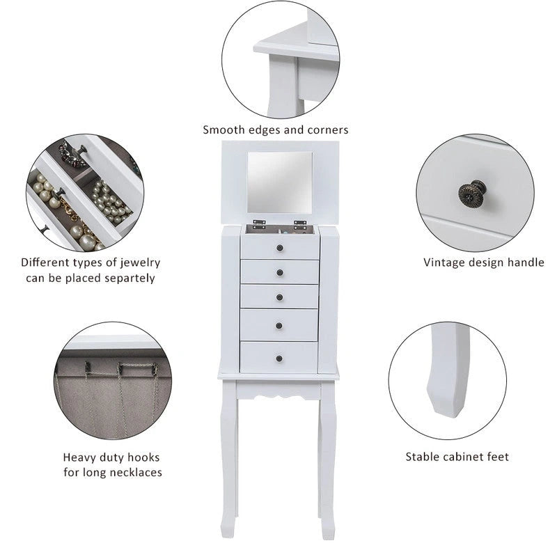 Armoire à Bijoux sur Pied avec Miroir, 5 Tiroirs, 8 Crochets pour Colliers et 2 Portes Battantes Latérales (Blanc)