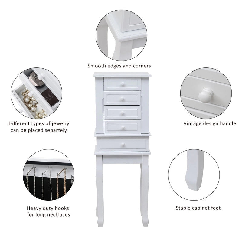 Armoire à Bijoux sur Pied avec Miroir, 5 Tiroirs, 8 Crochets pour Colliers et 2 Portes Battantes Latérales (Blanc)