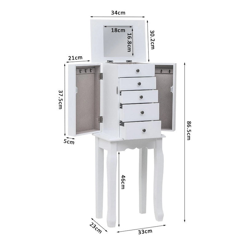 Armoire à Bijoux sur Pied avec Miroir, 5 Tiroirs, 8 Crochets pour Colliers et 2 Portes Battantes Latérales (Blanc)