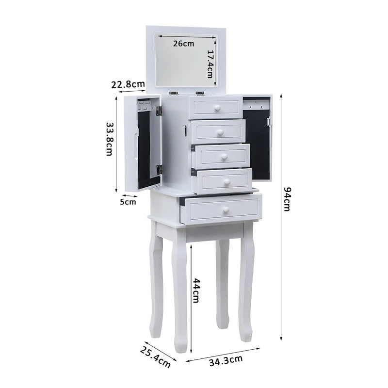 Armoire à Bijoux sur Pied avec Miroir, 5 Tiroirs, 8 Crochets pour Colliers et 2 Portes Battantes Latérales (Blanc)
