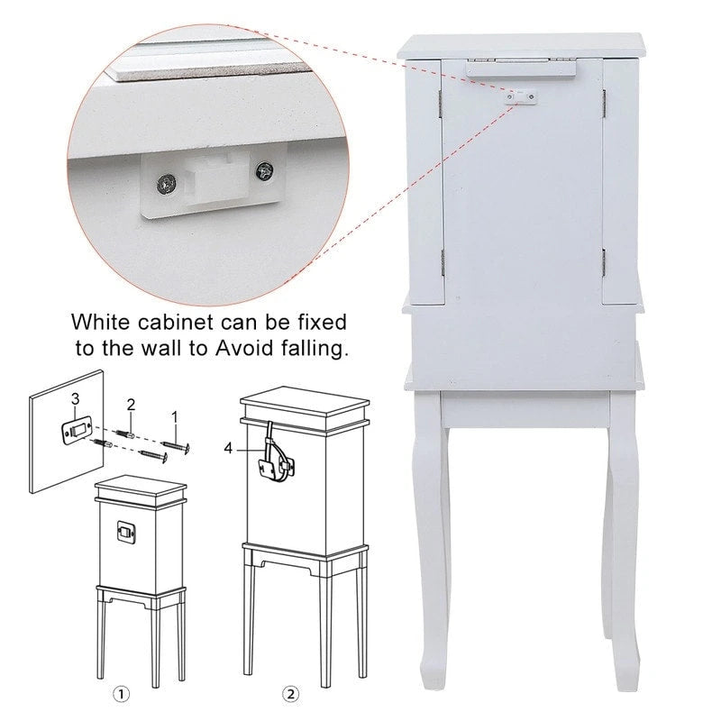 Armoire à Bijoux sur Pied avec Miroir, 5 Tiroirs, 8 Crochets pour Colliers et 2 Portes Battantes Latérales (Blanc)