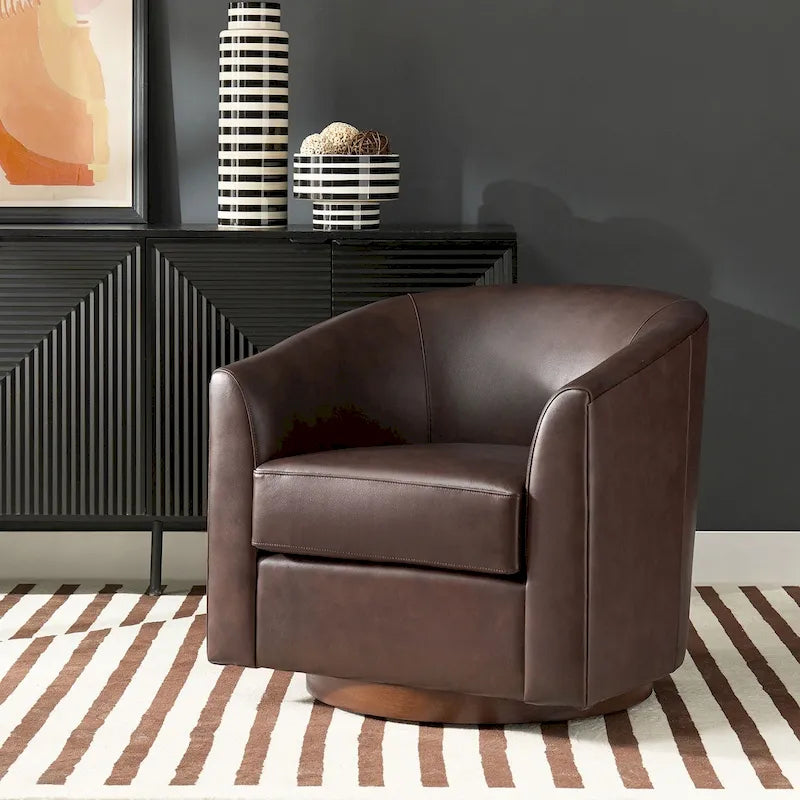 Fauteuil club pivotant en cuir véritable avec base en bois massif