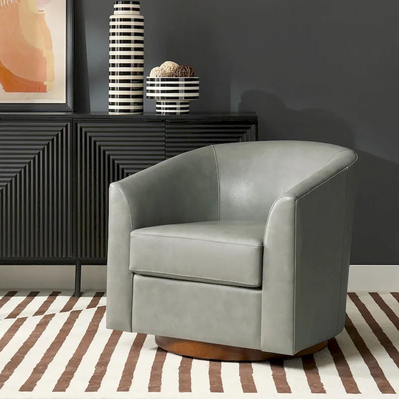 Fauteuil club pivotant en cuir véritable avec base en bois massif