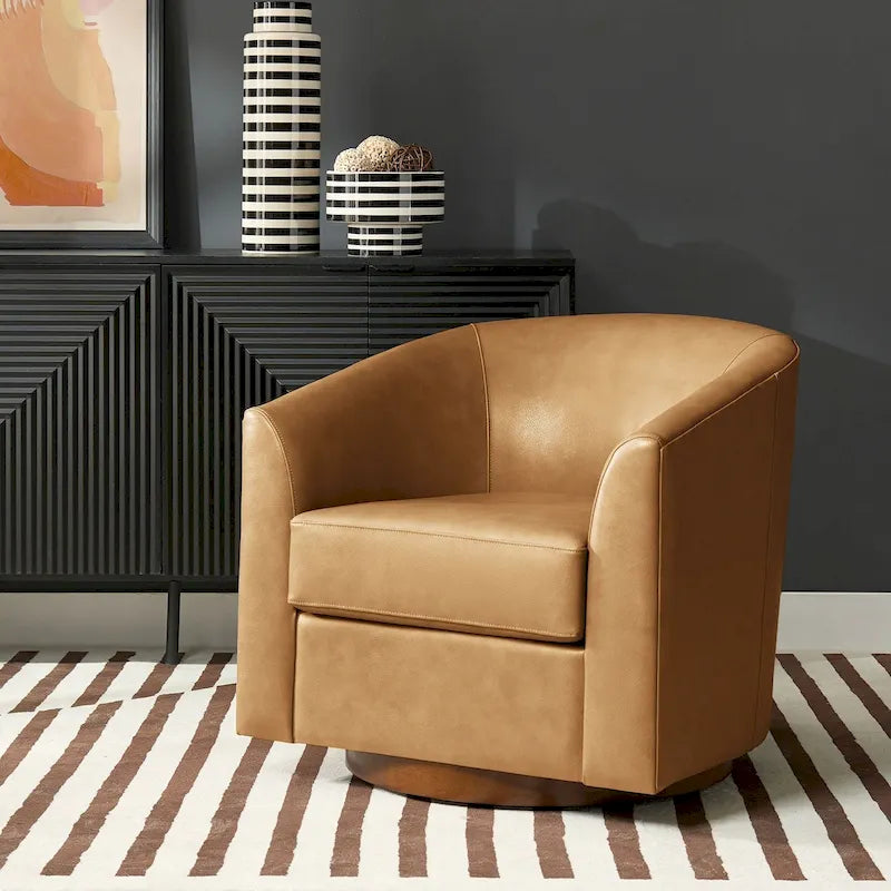 Fauteuil club pivotant en cuir véritable avec base en bois massif