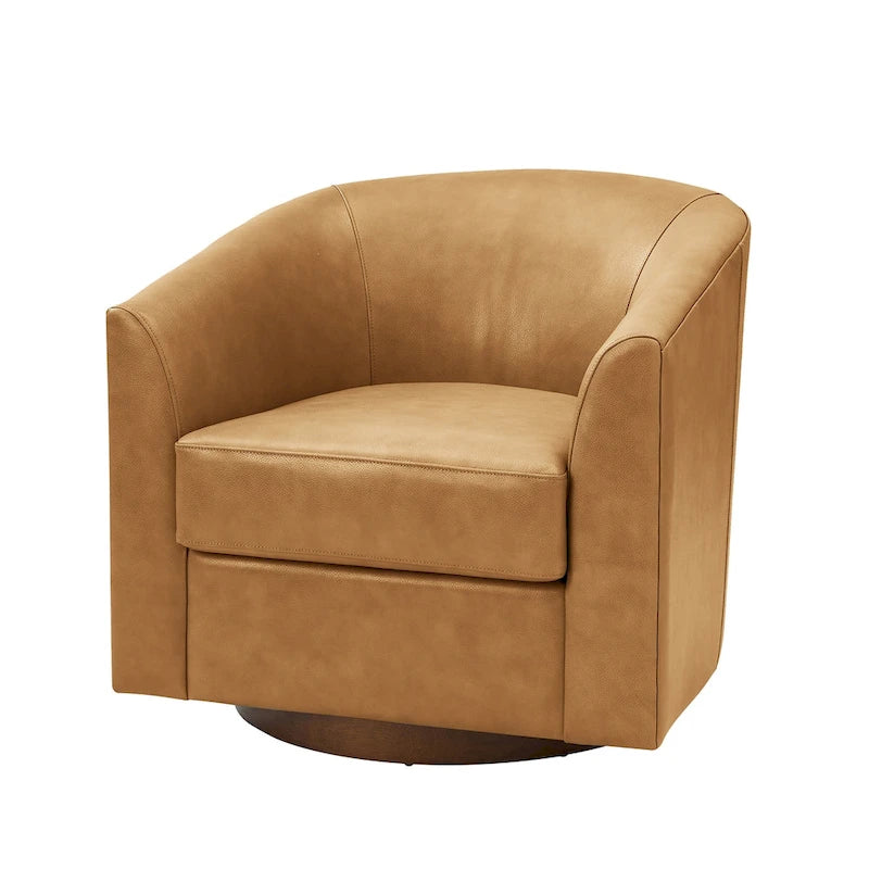 Fauteuil club pivotant en cuir véritable avec base en bois massif