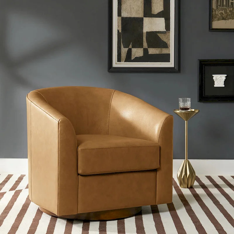 Fauteuil club pivotant en cuir véritable avec base en bois massif