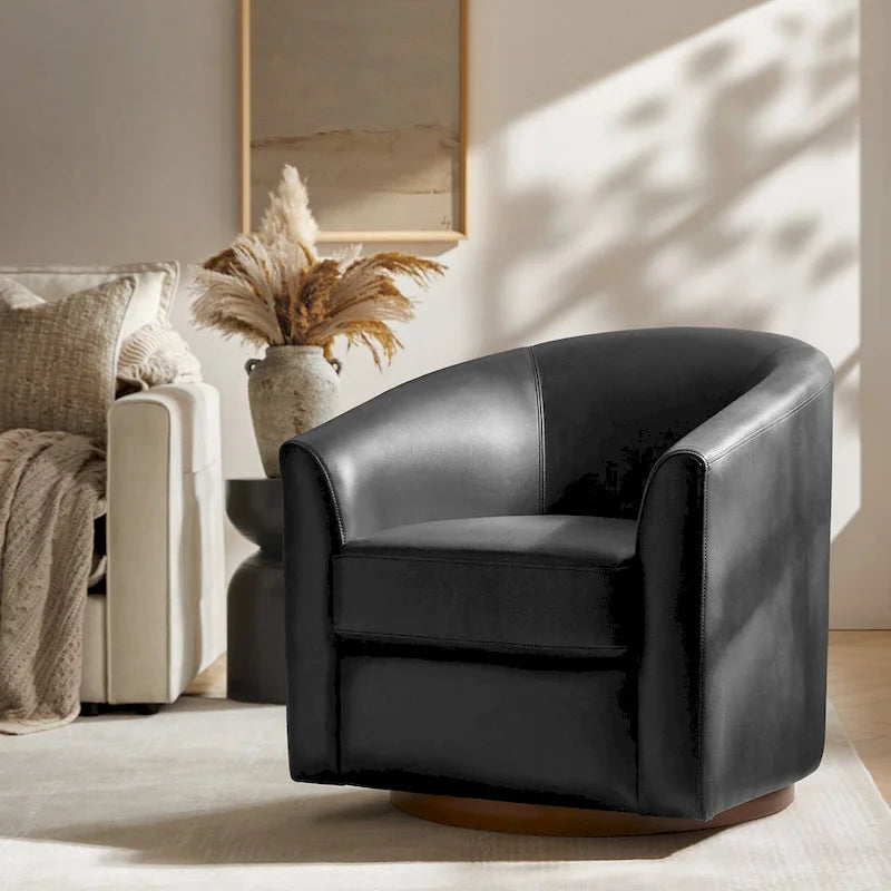 Fauteuil club pivotant en cuir véritable avec base en bois massif