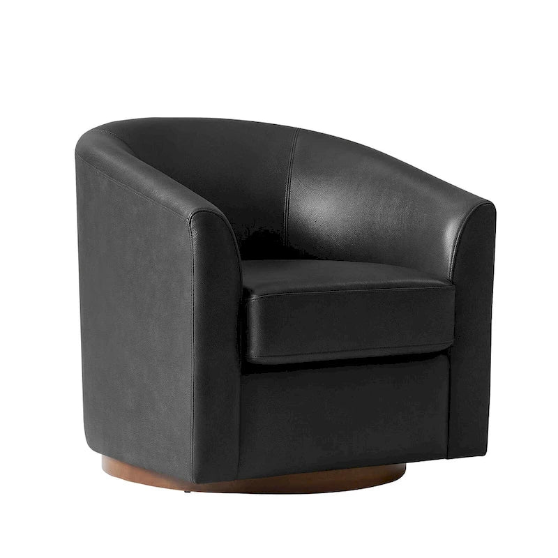 Fauteuil club pivotant en cuir véritable avec base en bois massif