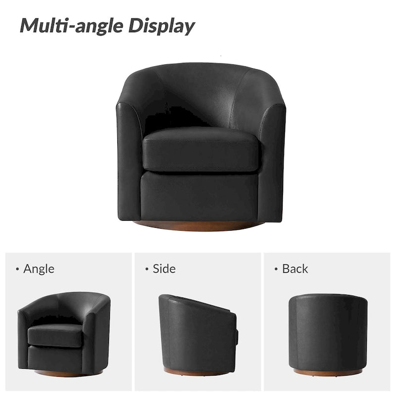 Fauteuil club pivotant en cuir véritable avec base en bois massif