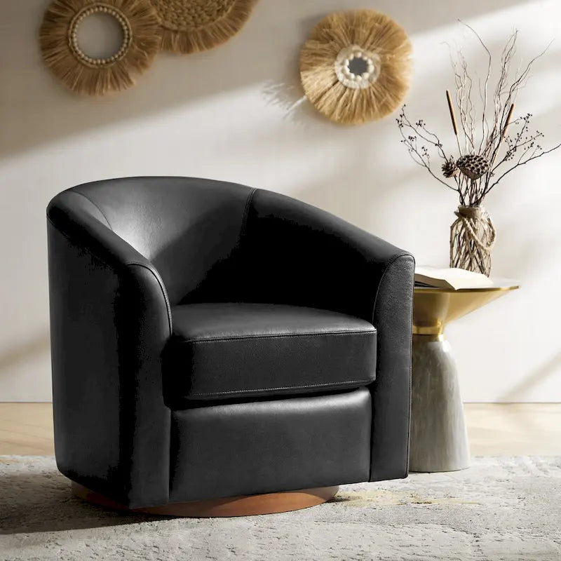 Fauteuil club pivotant en cuir véritable avec base en bois massif