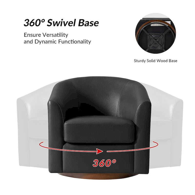 Fauteuil club pivotant en cuir véritable avec base en bois massif