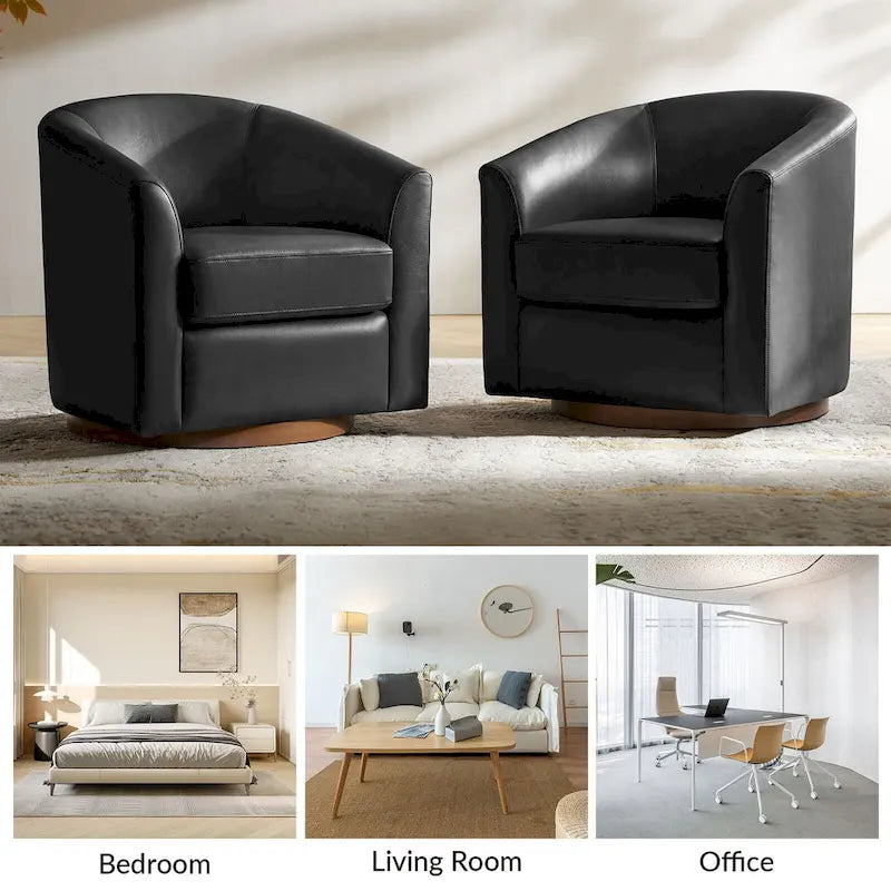 Fauteuil club pivotant en cuir véritable avec base en bois massif