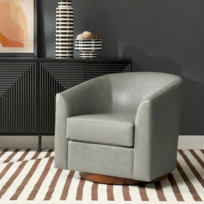 Fauteuil club pivotant en cuir véritable avec base en bois massif