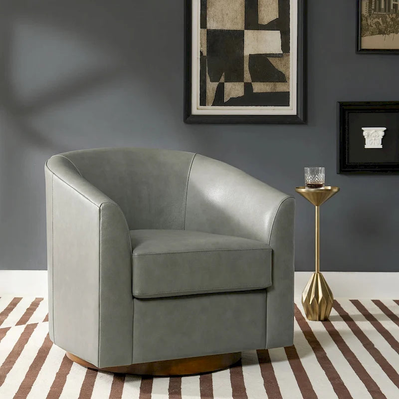 Fauteuil club pivotant en cuir véritable avec base en bois massif