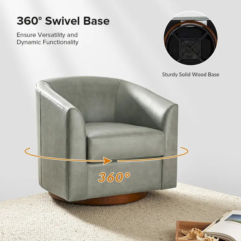 Fauteuil club pivotant en cuir véritable avec base en bois massif