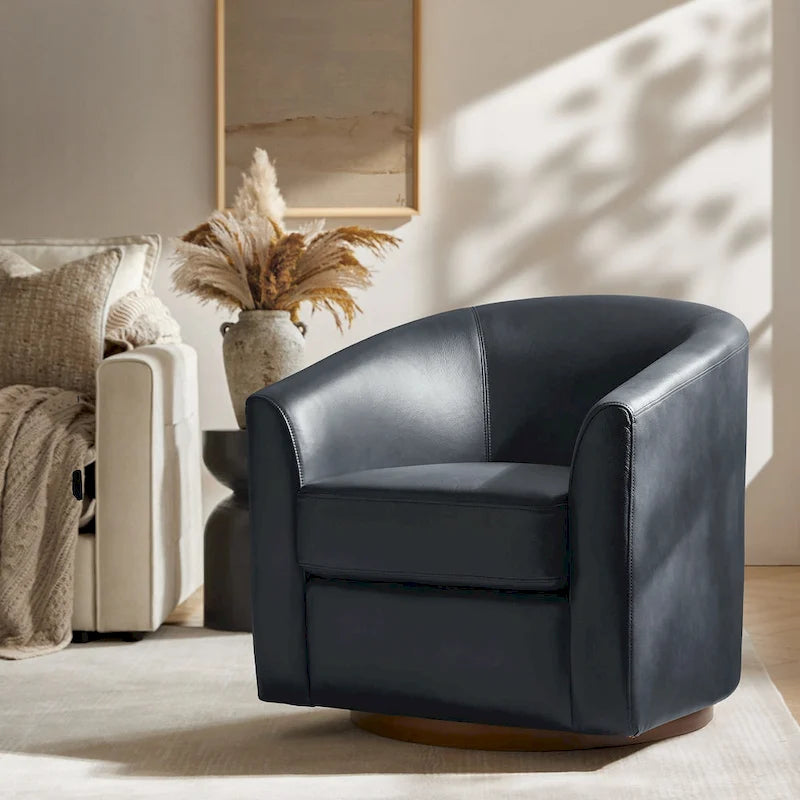 Fauteuil club pivotant en cuir véritable avec base en bois massif