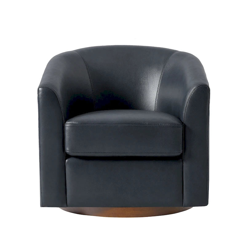 Fauteuil club pivotant en cuir véritable avec base en bois massif