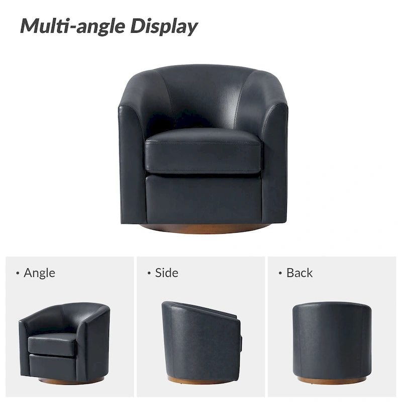Fauteuil club pivotant en cuir véritable avec base en bois massif
