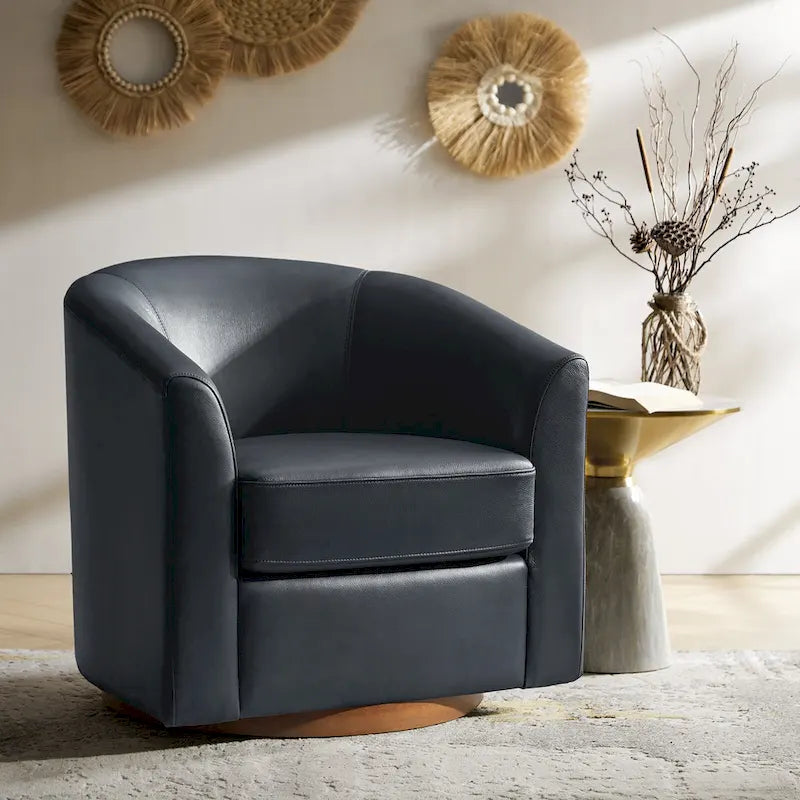 Fauteuil club pivotant en cuir véritable avec base en bois massif