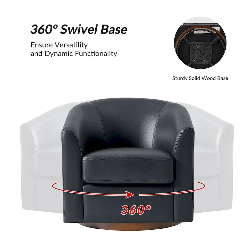 Fauteuil club pivotant en cuir véritable avec base en bois massif