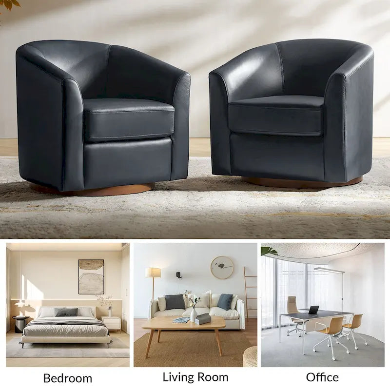 Fauteuil club pivotant en cuir véritable avec base en bois massif