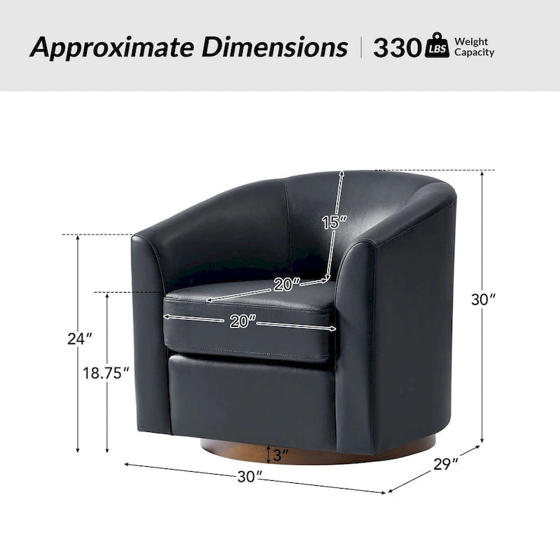 Fauteuil club pivotant en cuir véritable avec base en bois massif