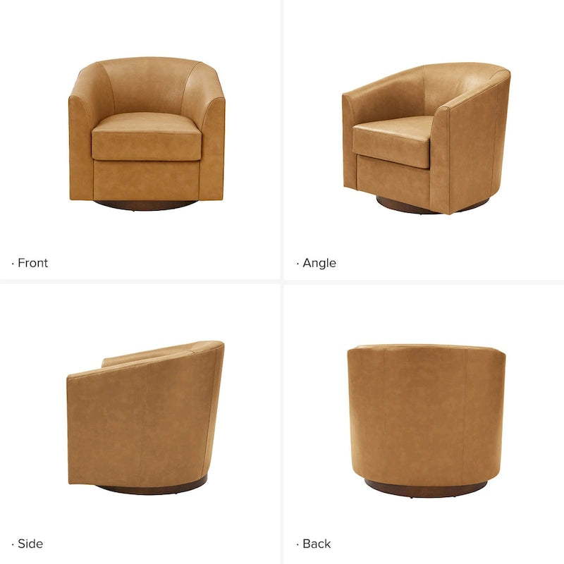 Fauteuil club pivotant en cuir véritable avec base en bois massif
