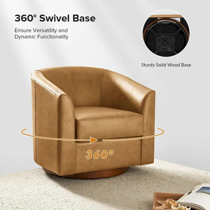 Fauteuil club pivotant en cuir véritable avec base en bois massif