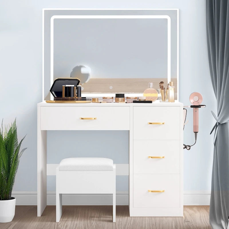 Coiffeuse avec lumières LED Bureau de maquillage Table à tiroirs avec 4 tiroirs - 35,43L x 15,74W x 53,54H
