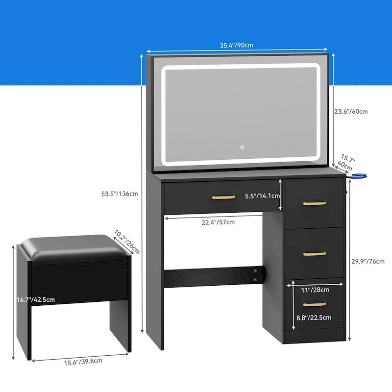 Coiffeuse avec lumières LED Bureau de maquillage Table à tiroirs avec 4 tiroirs - 35,43L x 15,74W x 53,54H
