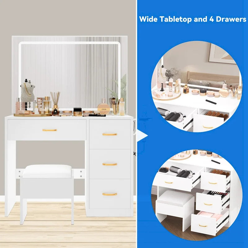Coiffeuse avec lumières LED Bureau de maquillage Table à tiroirs avec 4 tiroirs - 35,43L x 15,74W x 53,54H