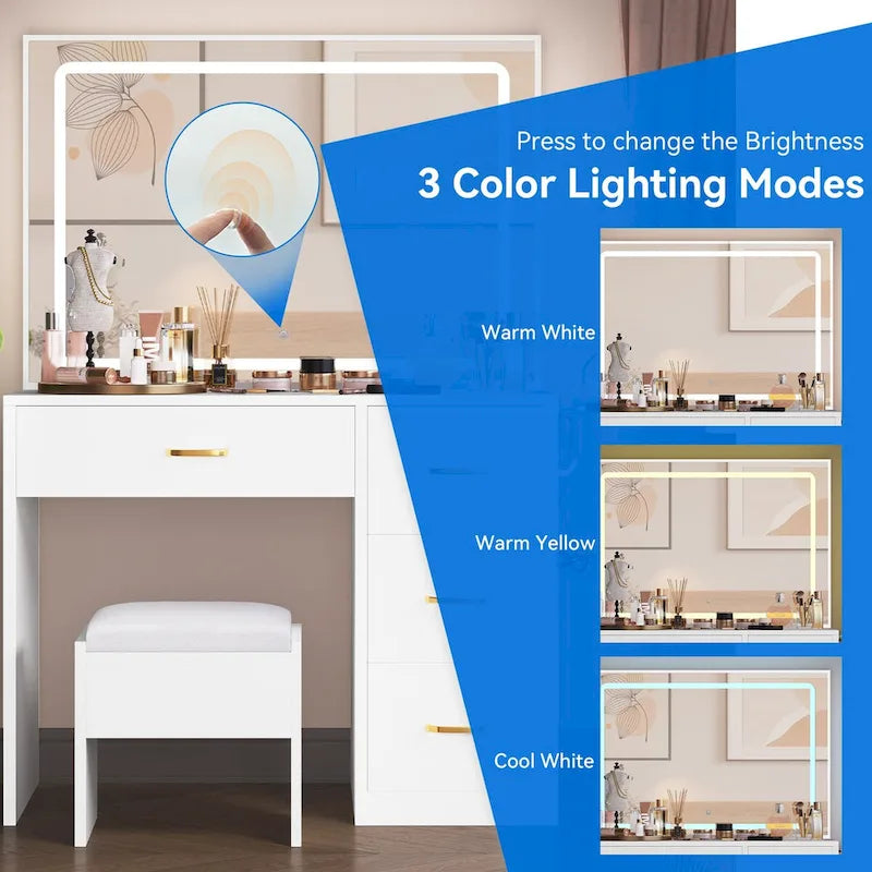 Coiffeuse avec lumières LED Bureau de maquillage Table à tiroirs avec 4 tiroirs - 35,43L x 15,74W x 53,54H
