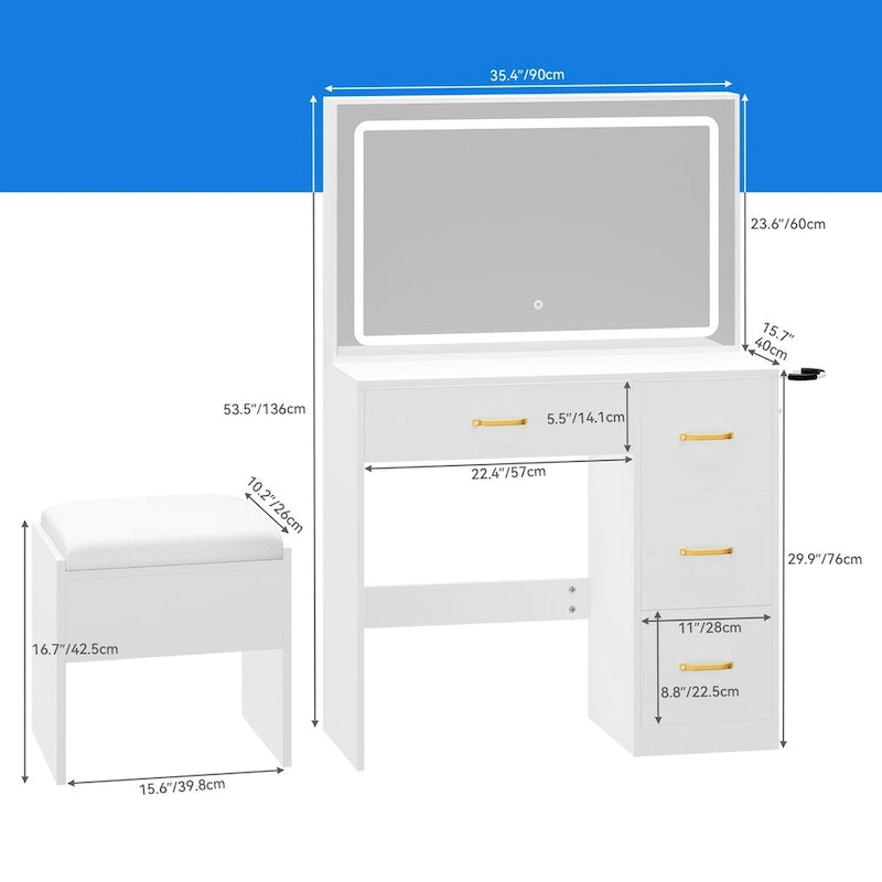 Coiffeuse avec lumières LED Bureau de maquillage Table à tiroirs avec 4 tiroirs - 35,43L x 15,74W x 53,54H