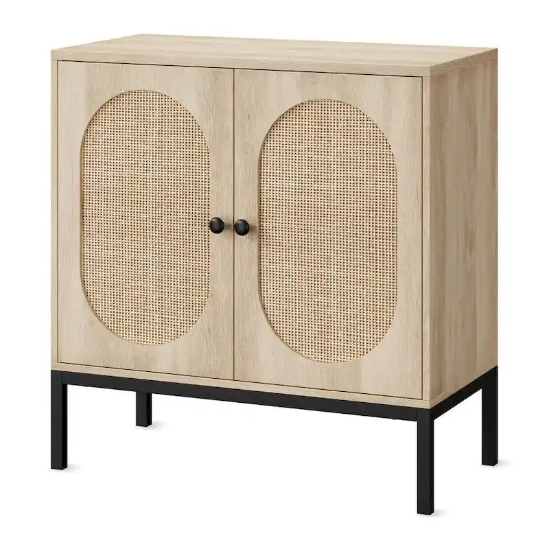 Meuble de rangement beige en rotin avec portes et étagères - N/A